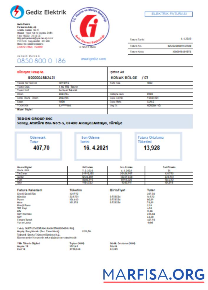Realistic Gediz Elektrik utility business bill, SCR sample